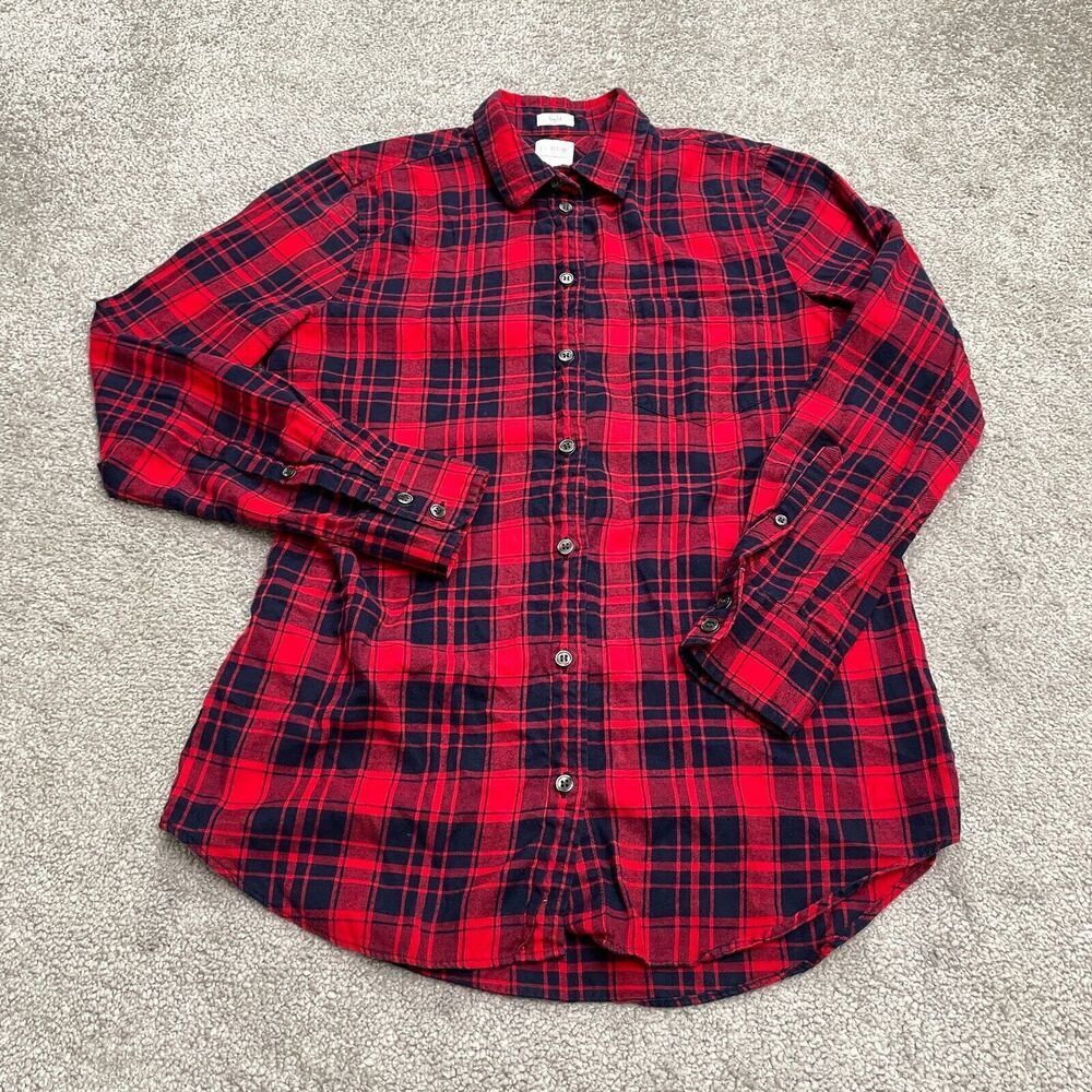 J.Crew Boy Fit Flannel Shirt Womens XS Red Blue Plaid Button Down Cotton Casual